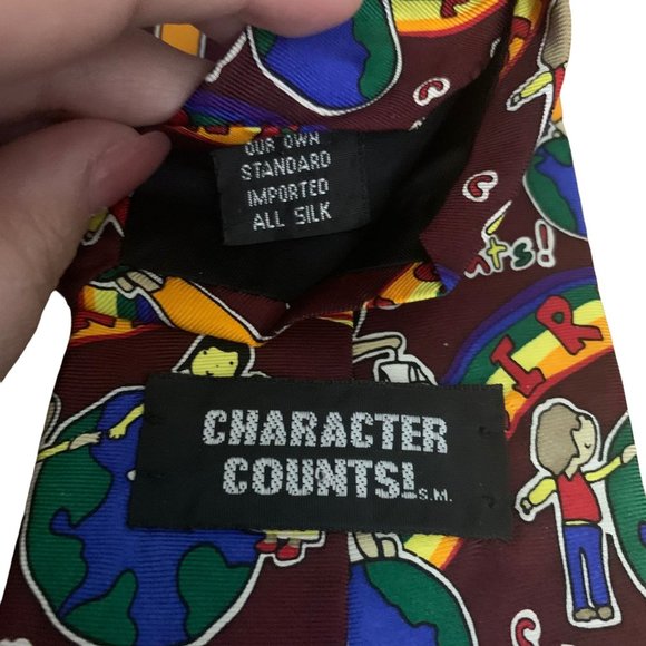 Vintage 90s Character Counts Fairness Silk Tie Maroon Red 3.75 Rainbow Necktie - Picture 5 of 5